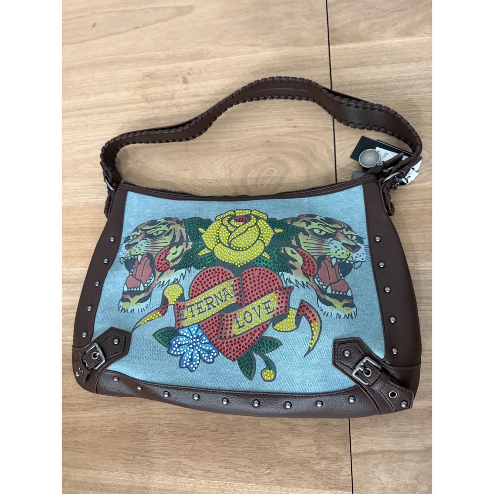 Ed Hardy Eternal Love Rhinestone Denim Brown Studded Hobo Bag New With Tags